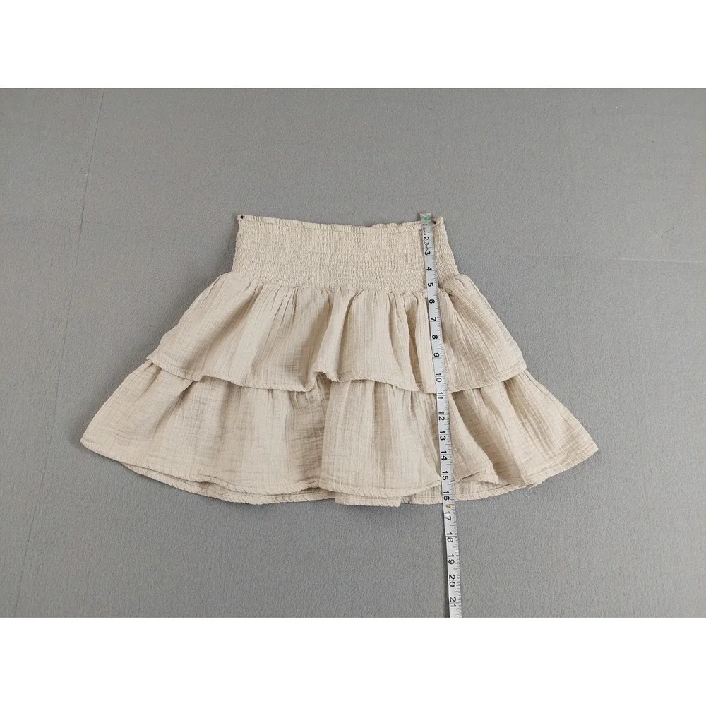 Universal Women Mini Skirt XS Beige 100% Cotton Tiered Ruffle Smocked Waist Boho